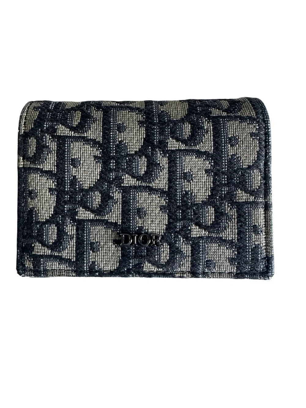 Christian Dior Oblique Jacquard Business Card Holder Compact Wallet Navy Beige